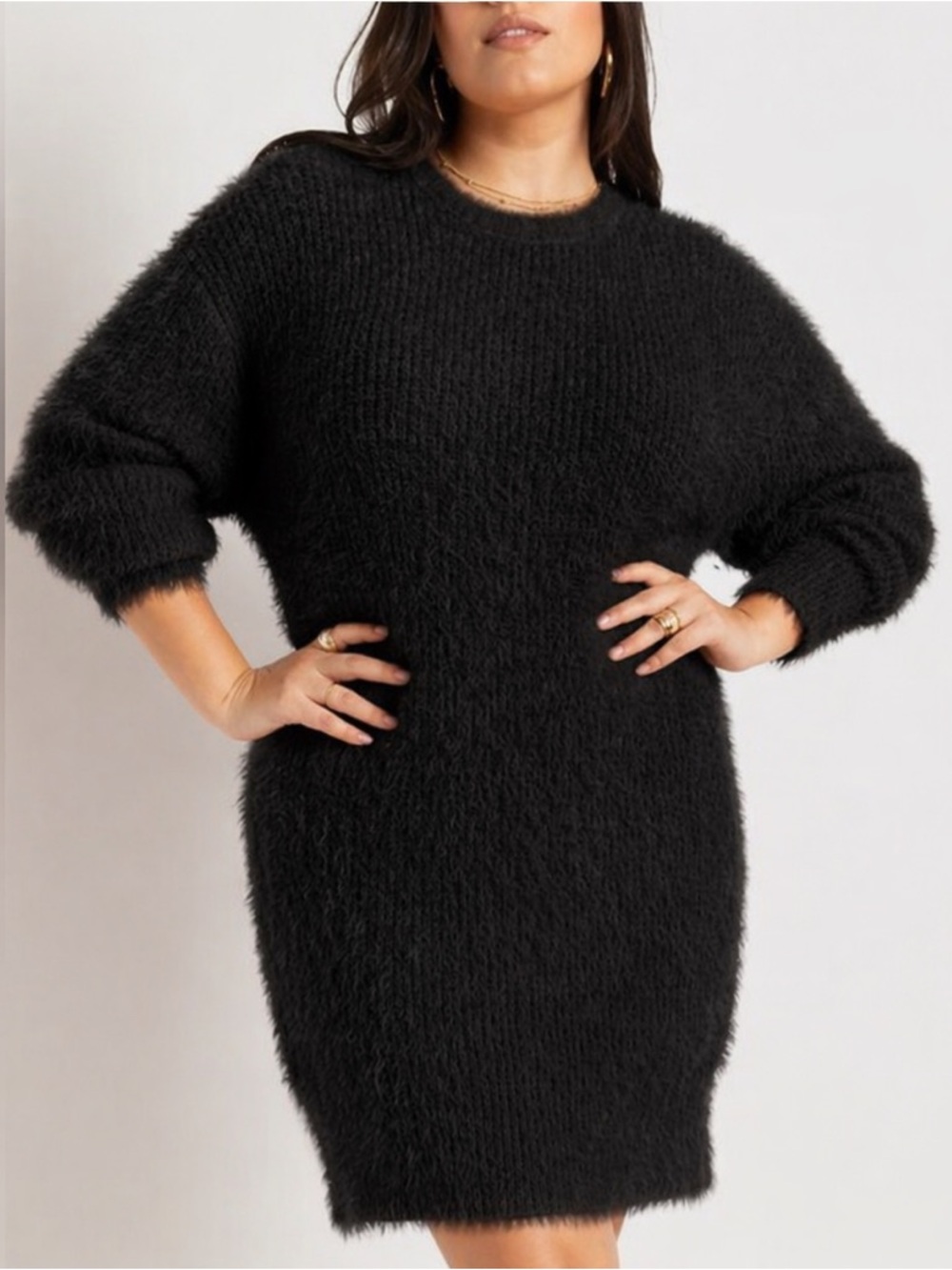 Eloquii Black eyelash Long-Sleeve Midi Sweater Dress